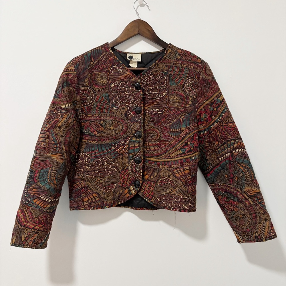 First Option Multicolor Paisley‎ Quilted Crop Jacket Womens Size Medium Vintage